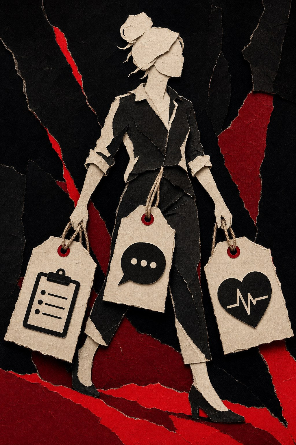 Stylized 2D torn-paper collage of a woman silhouette carrying three oversized job-title badges, rage red and bone palette