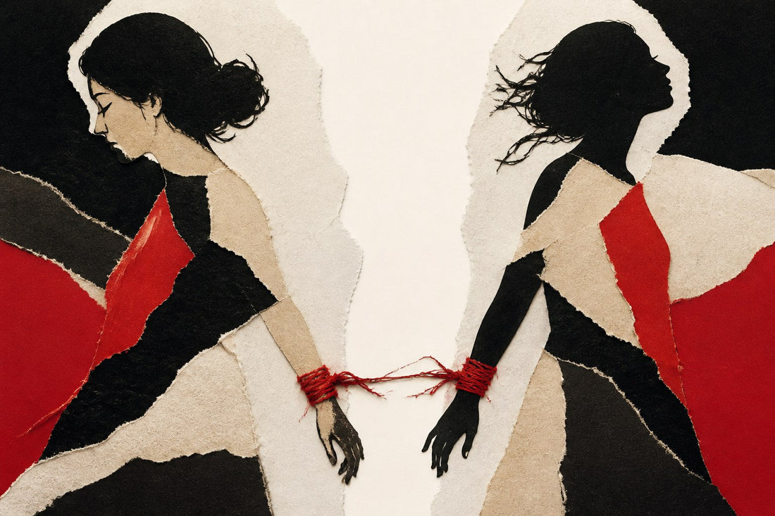 Stylized 2D torn-paper collage of two fused silhouettes peeling apart into separate selves, rage red and bone palette
