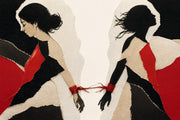 Stylized 2D torn-paper collage of two fused silhouettes peeling apart into separate selves, rage red and bone palette