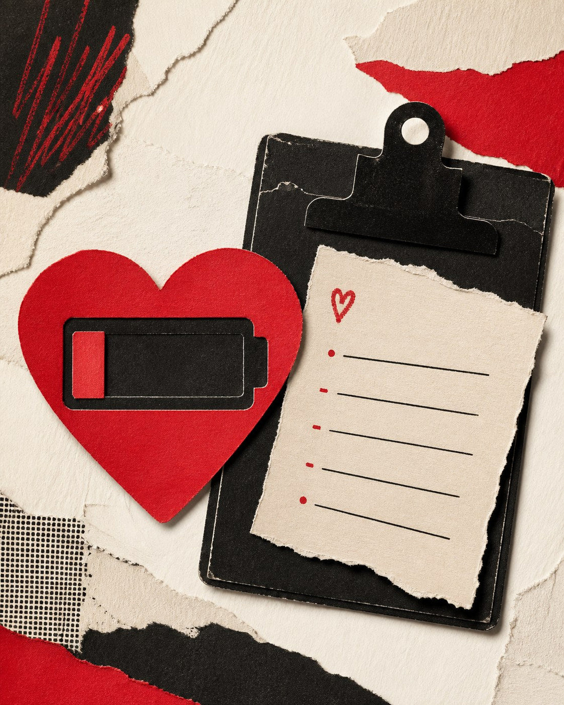 Stylized paper collage of a drained red heart battery beside a clipboard and torn care notes on bone-white paper