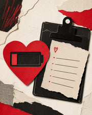 Stylized paper collage of a drained red heart battery beside a clipboard and torn care notes on bone-white paper