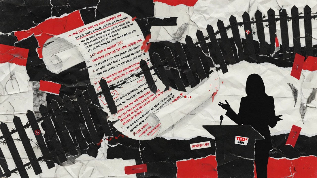 Stylized 2D torn-paper collage of a short fence cutting through a long speech scroll in rage red and bone