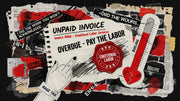 Stylized 2D torn-paper collage of an unpaid invoice stamped emotional labor with rage-red seal over bone paper