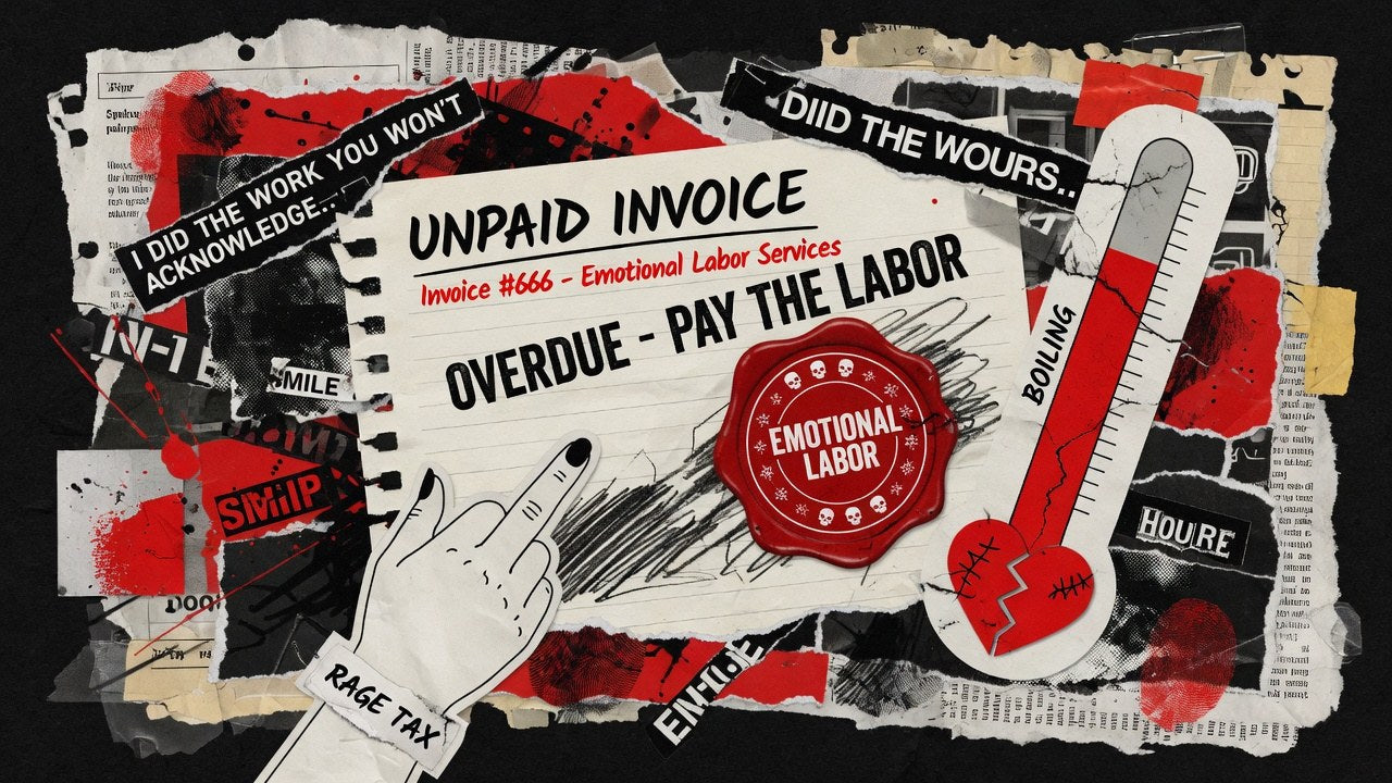 Stylized 2D torn-paper collage of an unpaid invoice stamped emotional labor with rage-red seal over bone paper