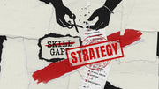 Stylized 2D torn-paper collage of a STRATEGY stamp over a SKILL GAP label with faceless hands dropping a checklist in rage red and bone