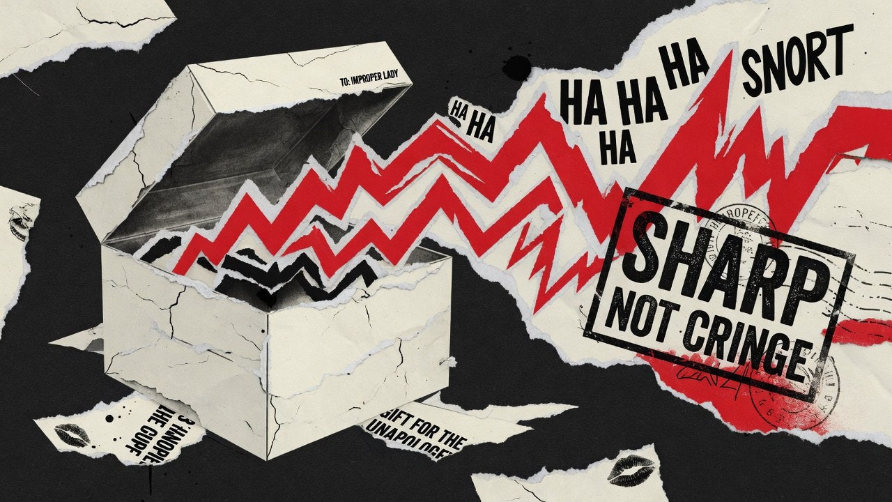 Stylized 2D torn-paper collage of a gift box opening into red laughter waves and a SHARP NOT CRINGE stamp