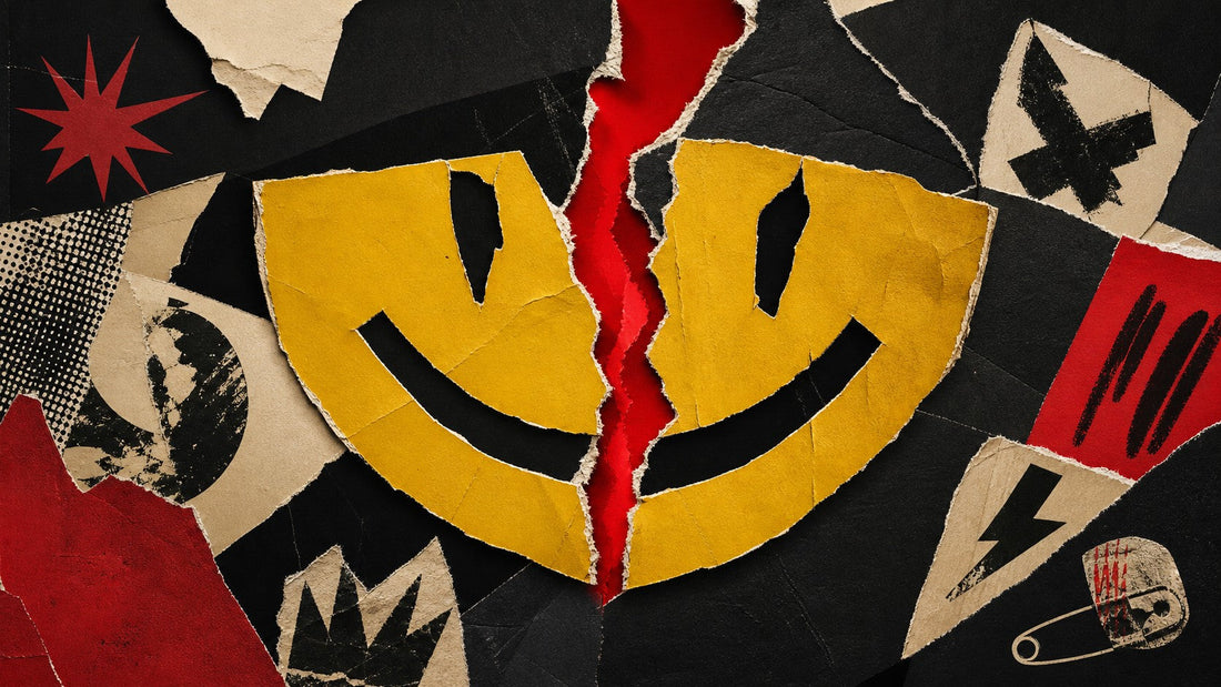 Stylized 2D torn-paper collage of a forced yellow smile cracked open with rage-red light, anti toxic positivity motif