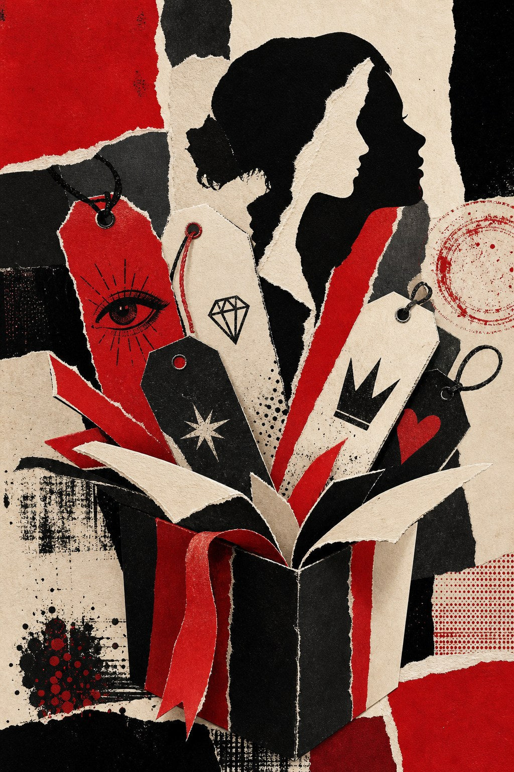 Stylized 2D torn-paper collage of gift boxes opening into identity luggage tags in rage red and bone palette