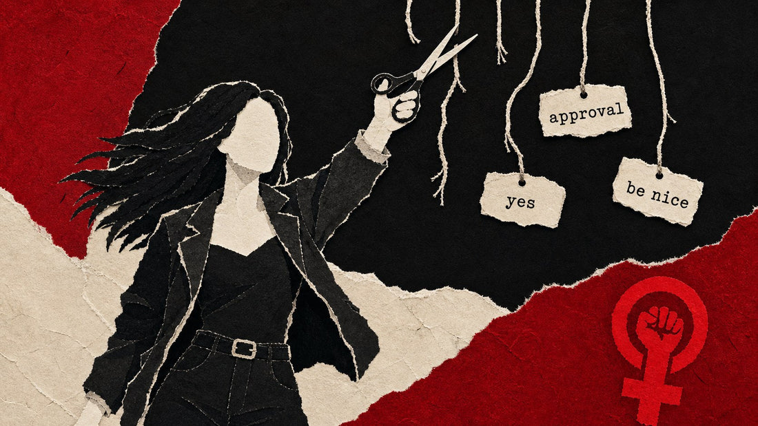 Stylized 2D torn-paper collage of a woman silhouette cutting marionette approval strings, rage red and bone palette