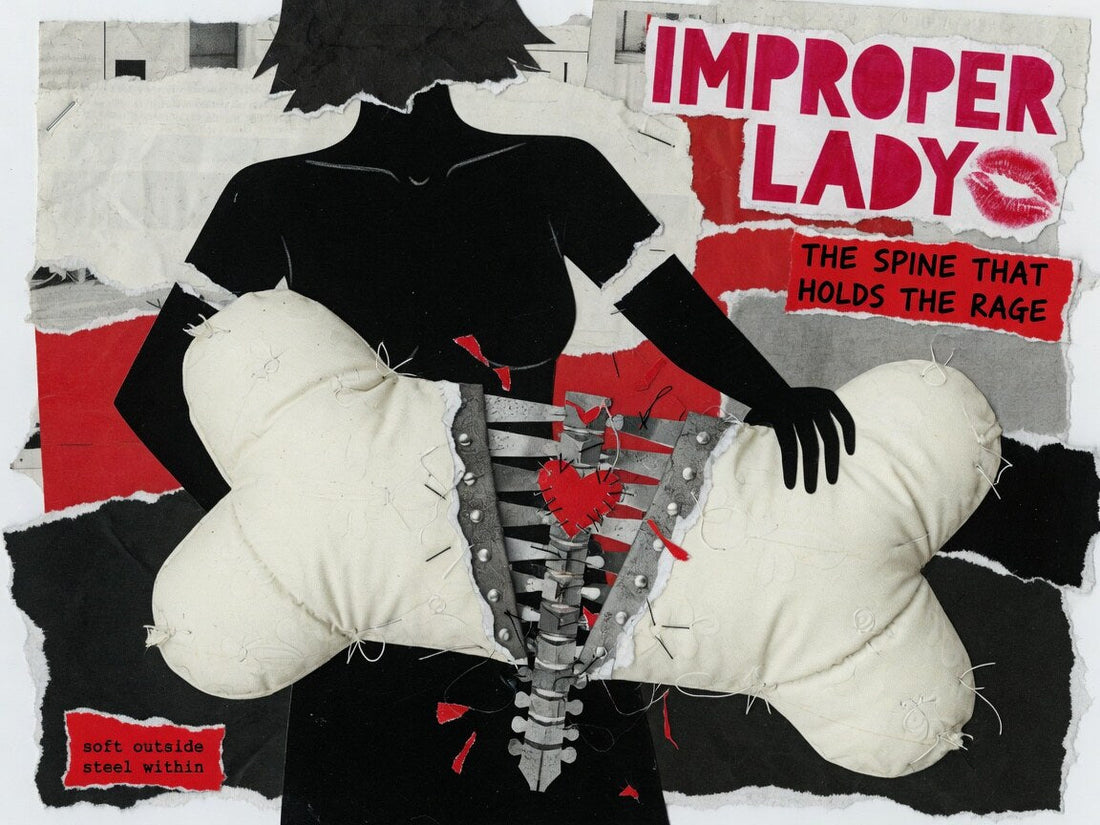 Stylized 2D torn-paper collage of a bone-white cushion cut open to show a steel spine and rage-red heart