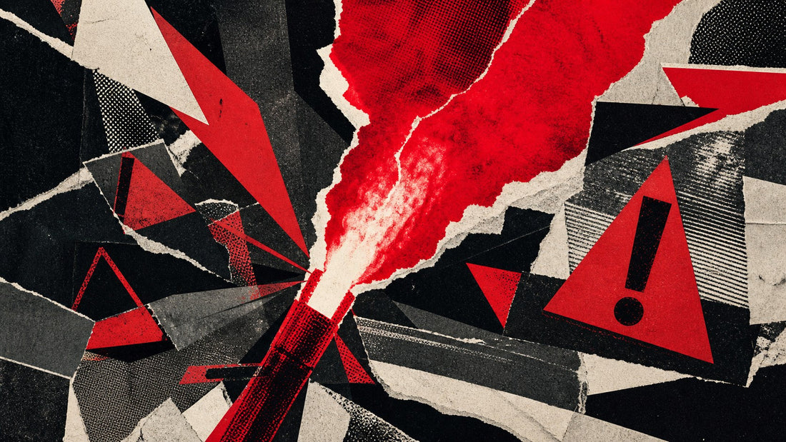 Stylized 2D torn-paper collage with red signal flare over black and bone shapes, feminist rage motif
