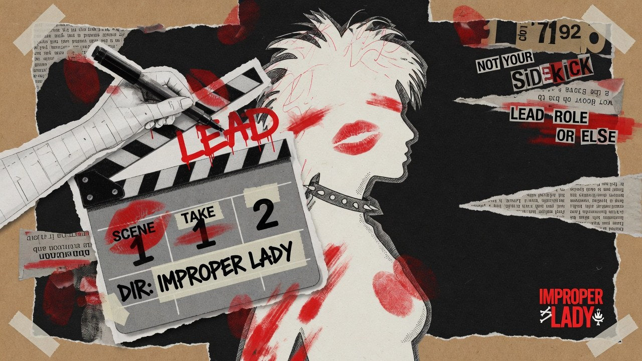 Stylized 2D torn-paper collage of a woman silhouette rewriting a film clapperboard from SIDE to LEAD in rage red and bone