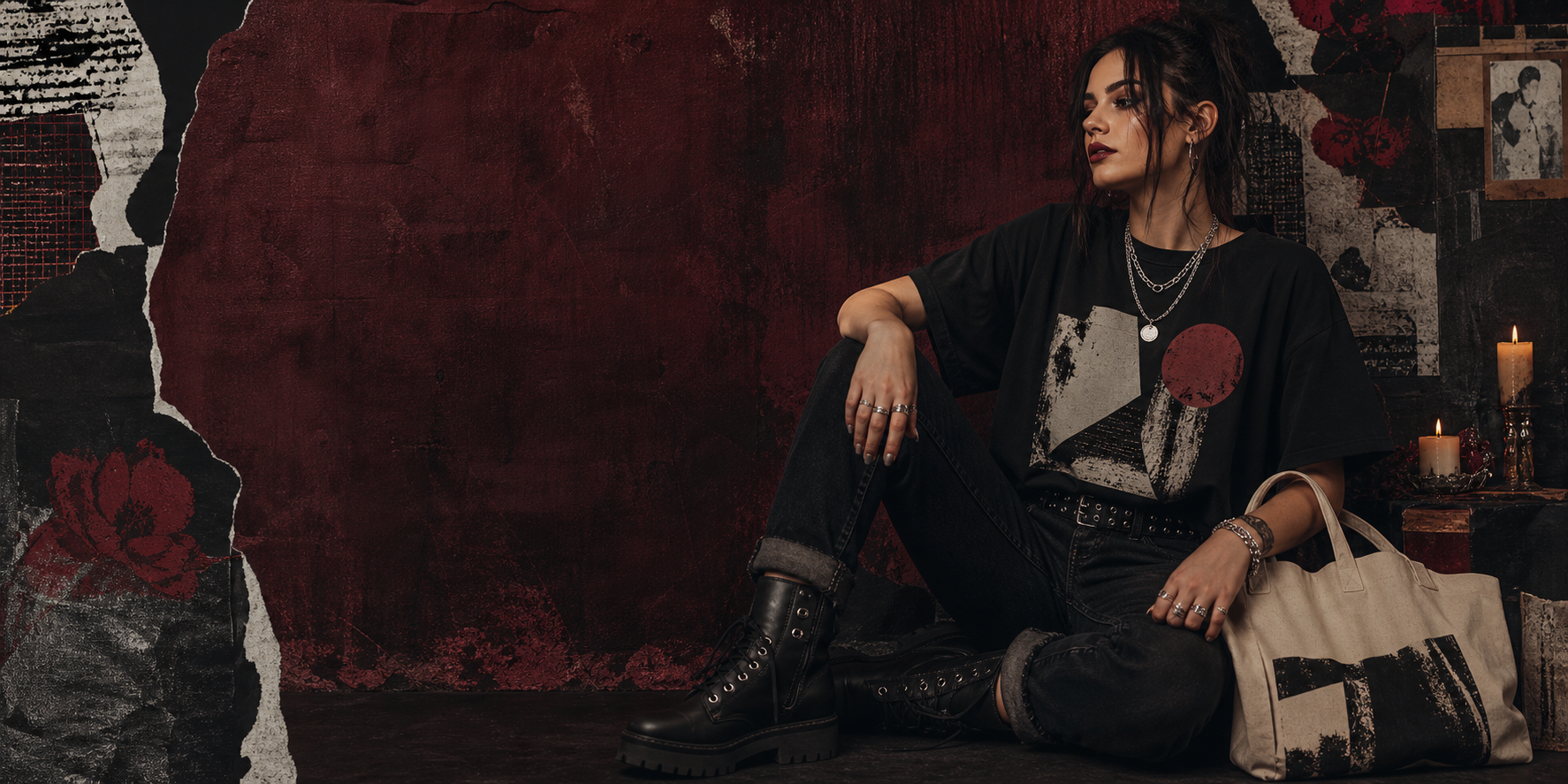 Woman in black feminist graphic tee styled with boots, denim, layered jewelry, tote bag, and candle in a punk grunge editorial setting
