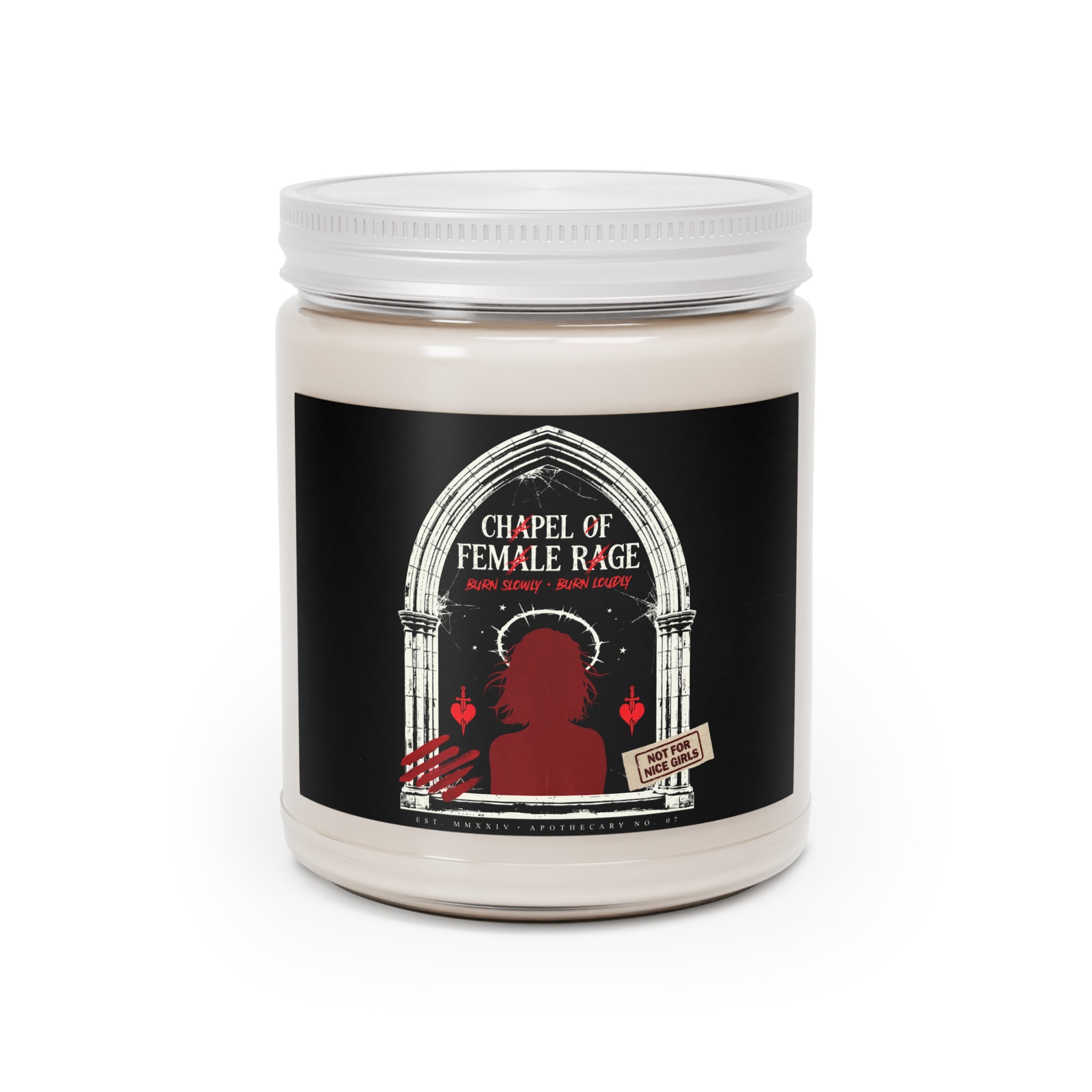 Chapel of Female Rage Scented Soy Candle — 9oz White Lid (Feminist Aromatic Gift)