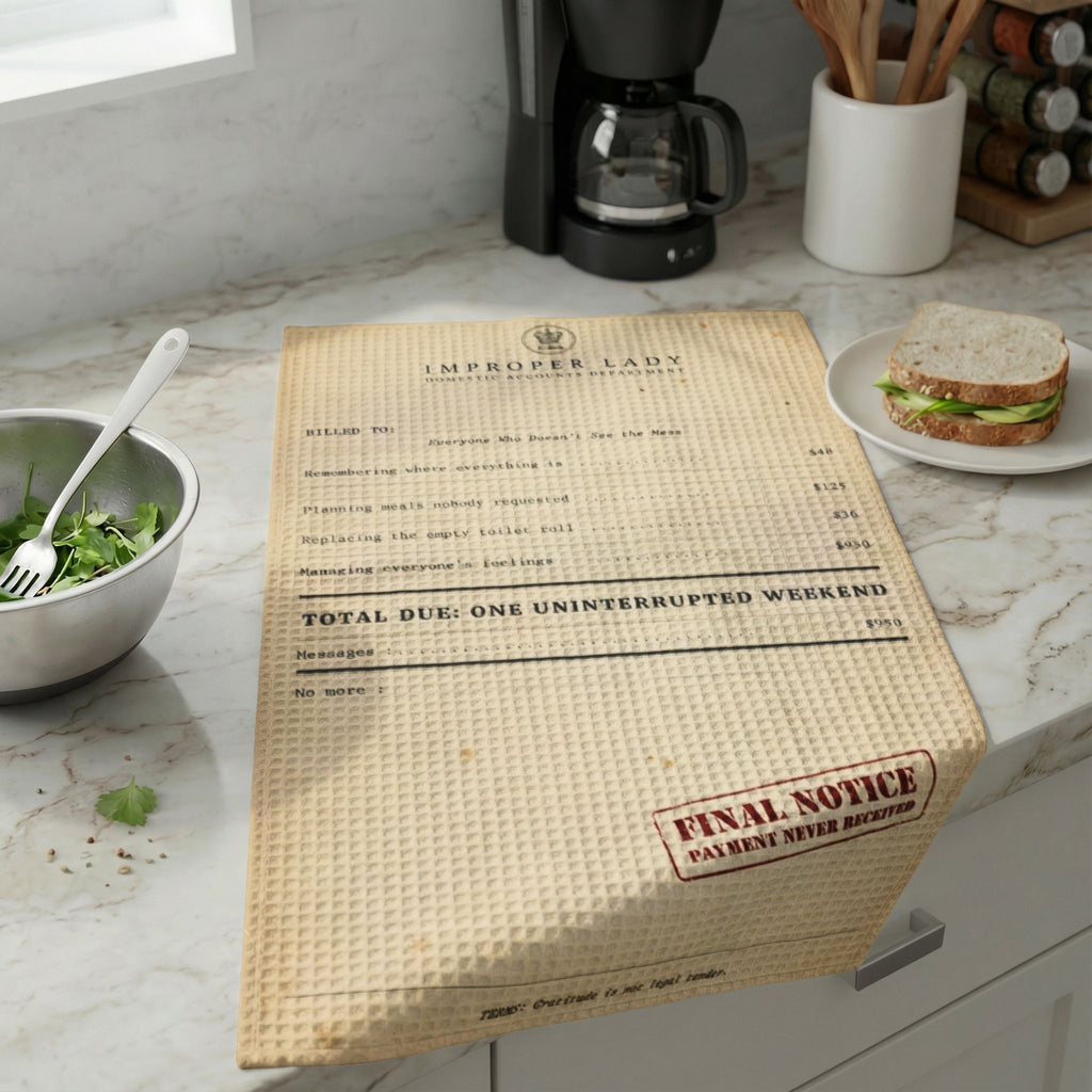 The Unpaid Labor Invoice Waffle Weave Kitchen Towel — Funny Feminist Kitchen Gift