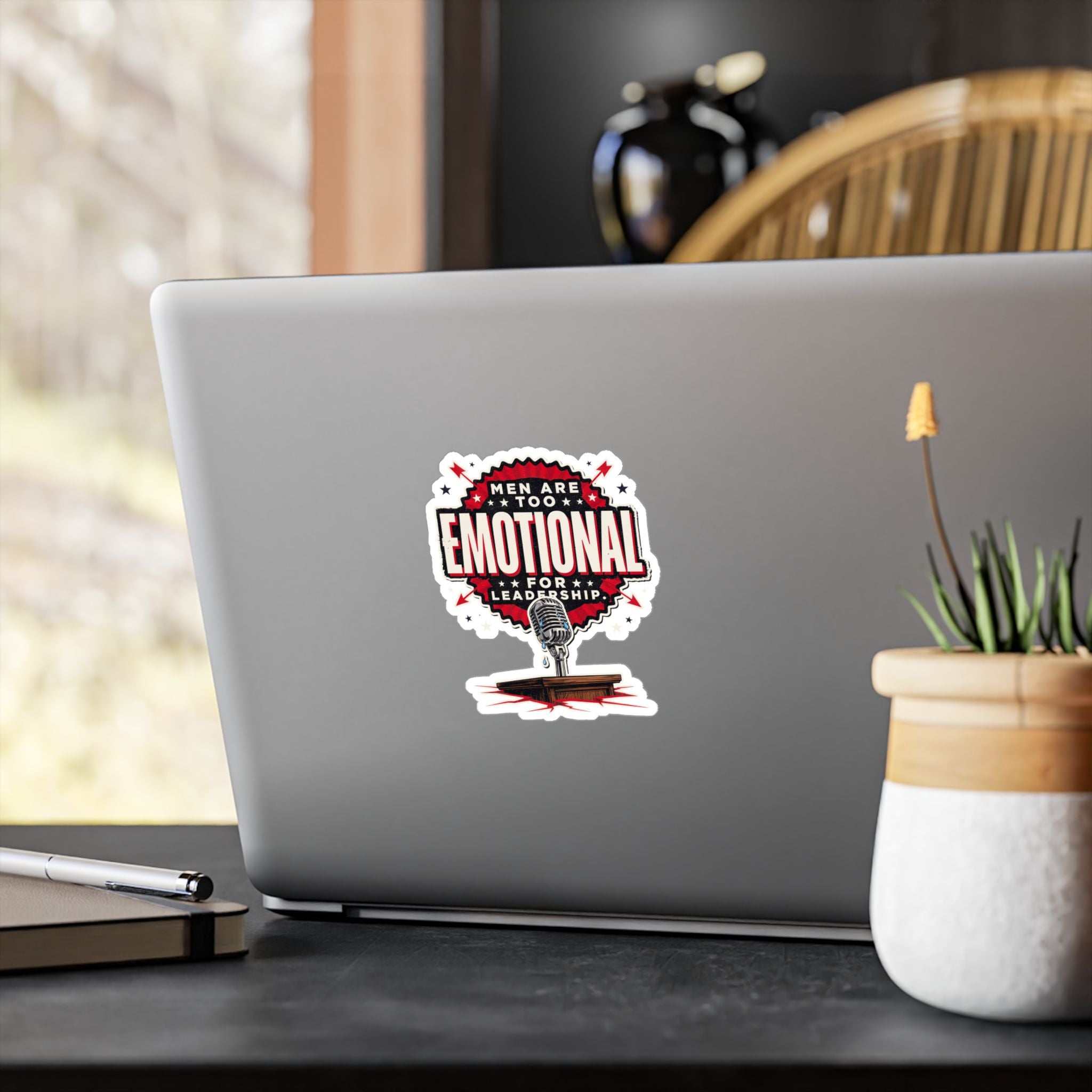 Kiss-Cut Vinyl Decal — "Men Are Too Emotional for Leadership" Retro Microphone Political Sticker